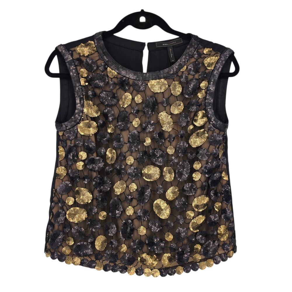NWT BCBGMAXAZRIA Black & Gold Porshea Mesh Sequin Sleeveless Crewneck Top Sz XS